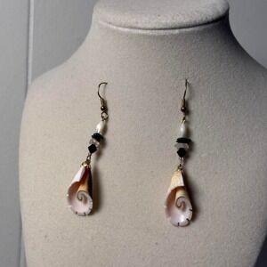 Handmade Shell Drop Earrings Gold Tone Spiral Cone Shell Mother of Pearl Beads